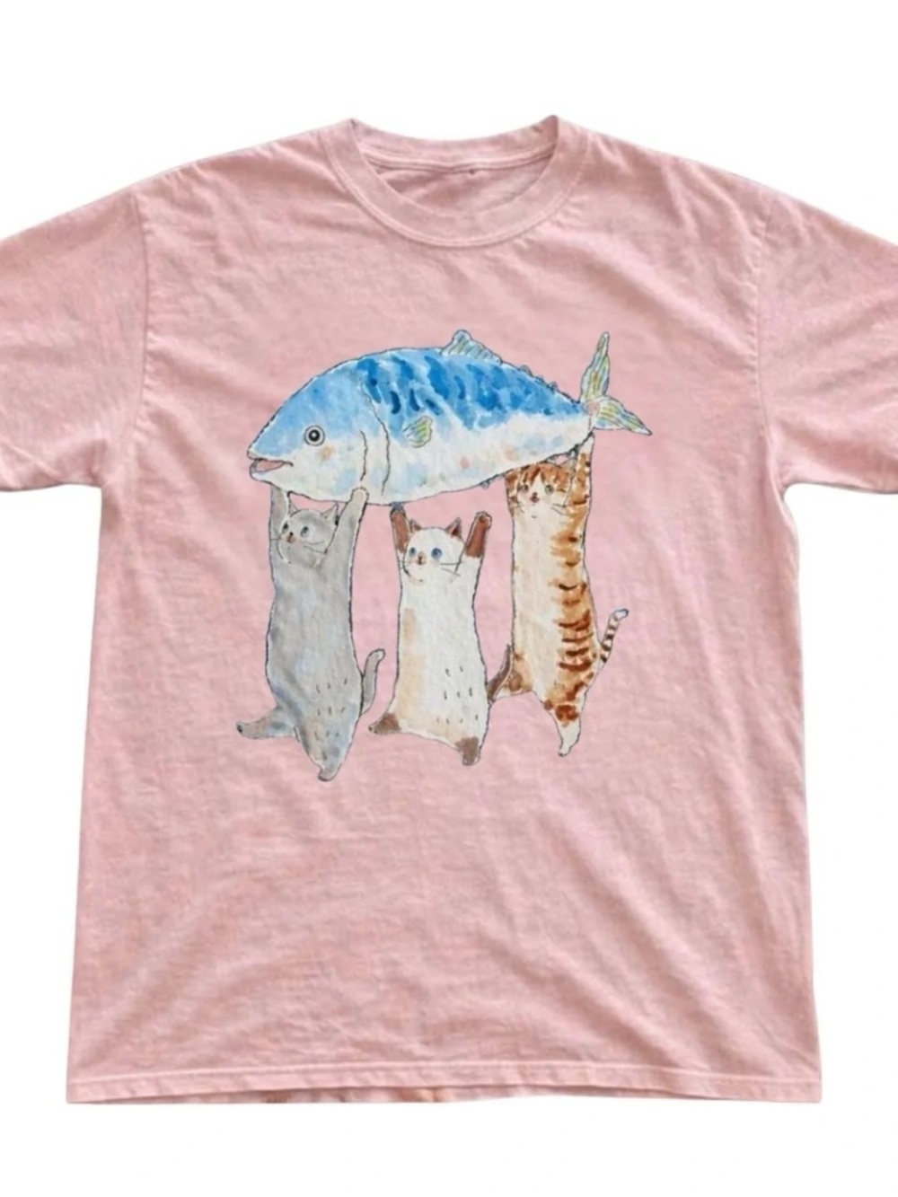 Pink Tee with Cats Lifting Blue Fish Graphic